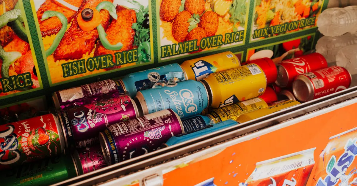Insulated cooler packed with ice and chilled food and drink cans during a power outage