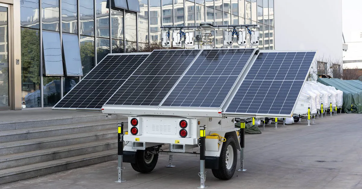 Large portable battery power storage unit set up outdoors next to solar panels for off-grid charging