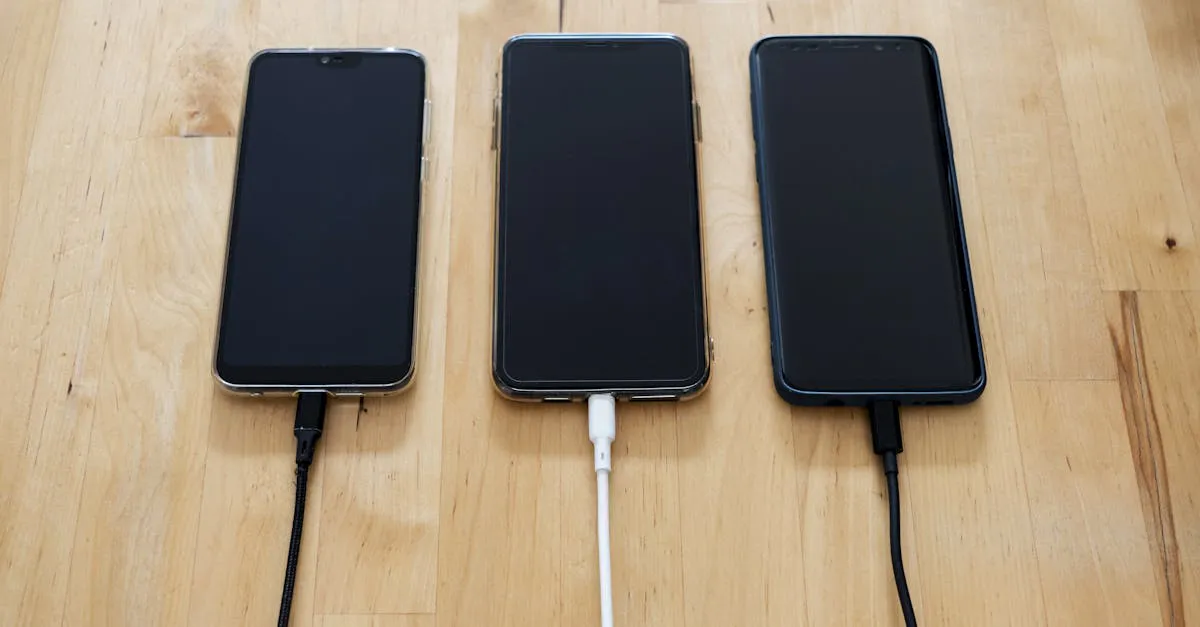 Several phones plugged into chargers on a wooden table representing low wattage device loads