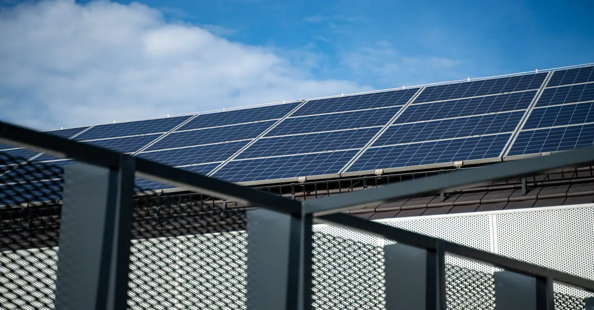 Rooftop solar panels under a clear sky that can recharge a portable power station battery