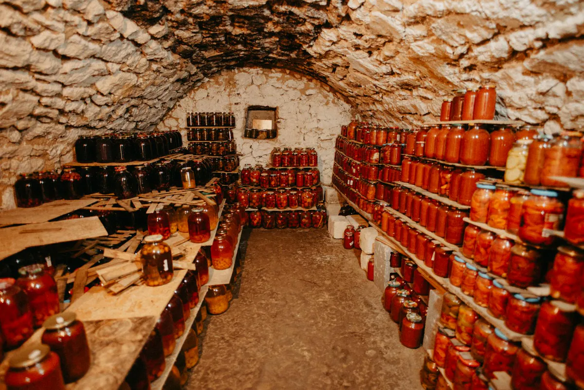 Stone cellar shelves lined with rows of home-canned jars of preserved food in a cool dark space