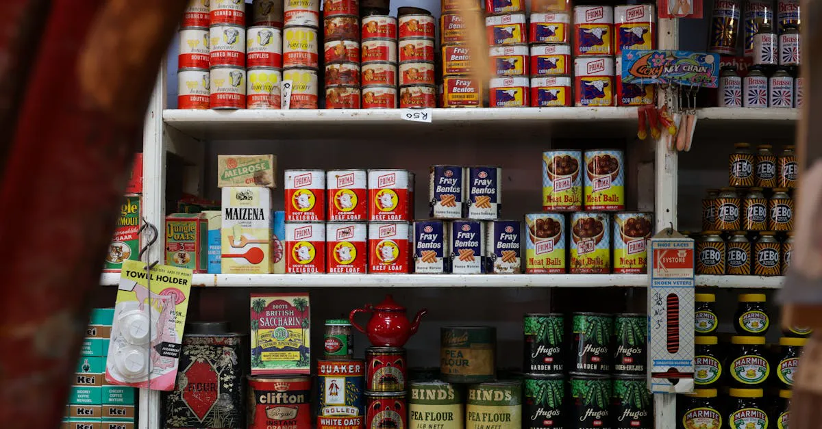 Rows of canned goods lined up on pantry shelves showing a mix of vegetables and ready-to-eat foods
