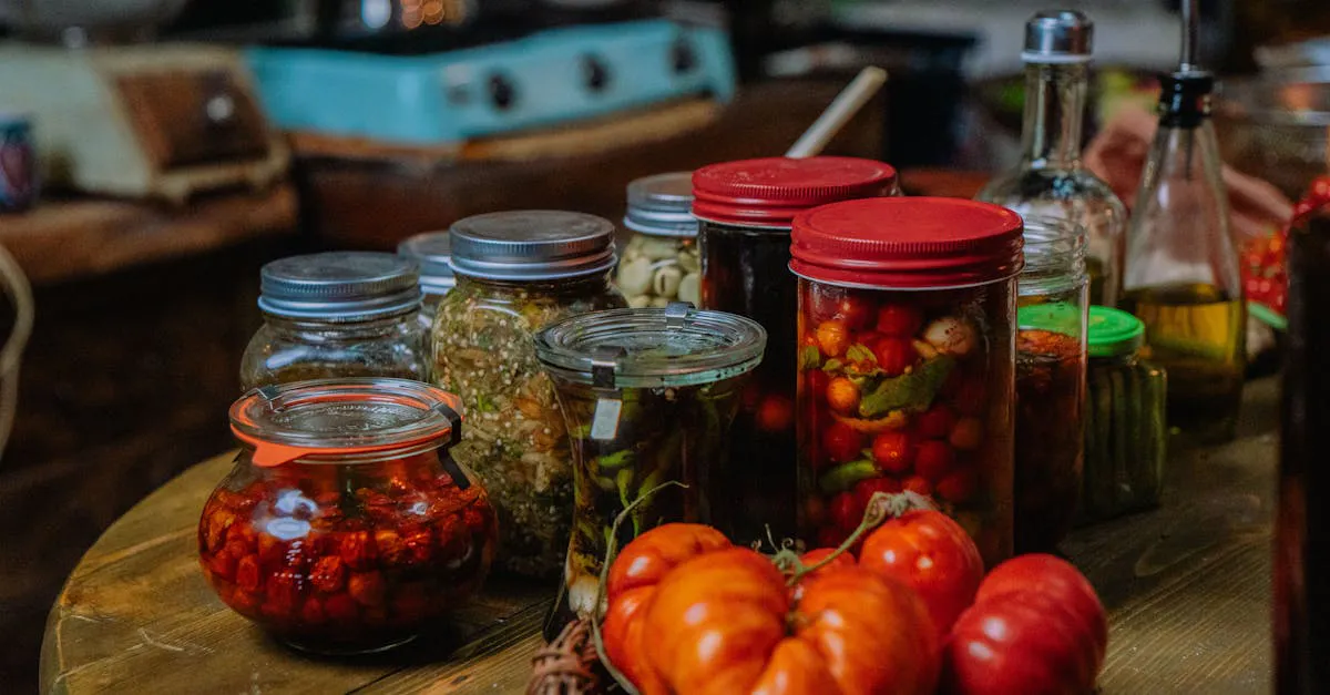 Home canned vegetables and pickled produce in sealed glass jars on a rustic kitchen counter