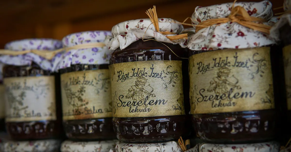 Rows of homemade preserves in cloth-topped jars lined up on a wooden pantry shelf